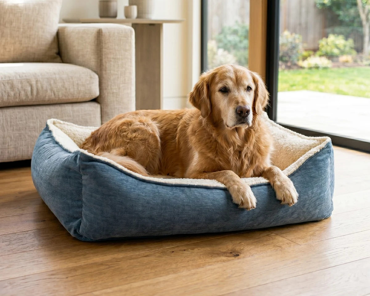 A golden retriever resting in a blue Bowsers Oslo bed with a soft cream lining.