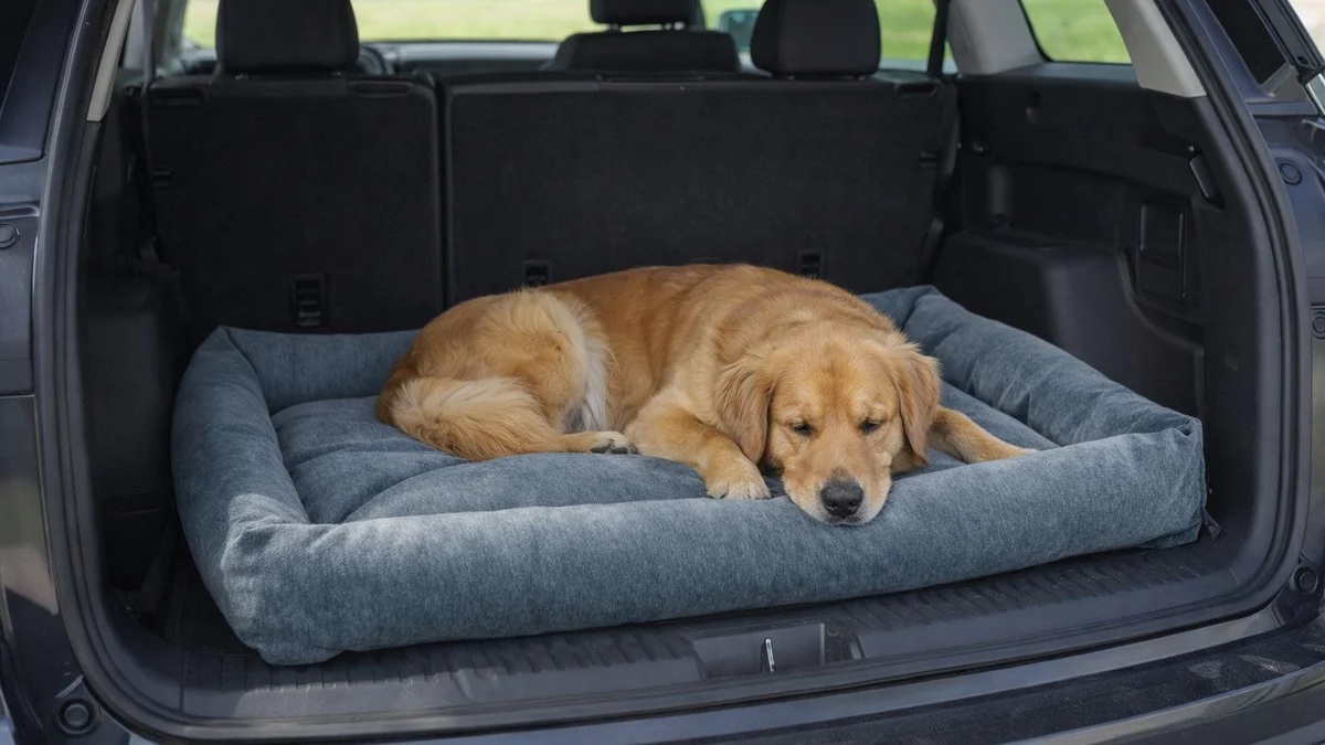 A golden retriever curled up on a blue Bowsers Tango bed in the back of a vehicle.